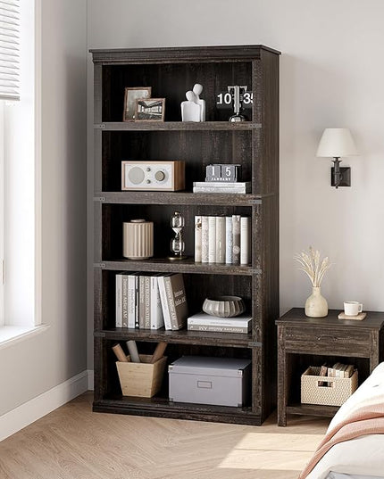 GAOMON 5 Tier Bookcase, Farmhouse Book shelf with Storage Open Display Bookshelves, 67.4" Tall Book Case Wooden 5 Shelf Bookcase Home Decor Furniture for Home Office, Living Room, Bed Room - Oak - LeafyLoom