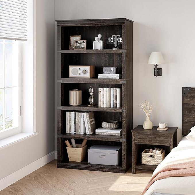 GAOMON 5 Tier Bookcase, Farmhouse Book shelf with Storage Open Display Bookshelves, 67.4" Tall Book Case Wooden 5 Shelf Bookcase Home Decor Furniture for Home Office, Living Room, Bed Room - Oak - LeafyLoom