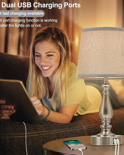 Nightstand Table Lamps for Bedroom Set of 2, Touch Bedside Lamps with Dual USB Ports, 3 Way Dimmable Bedroom Lamps for End Tables, Modern Night Stand Lamps for Living Room Guest Room - LeafyLoom