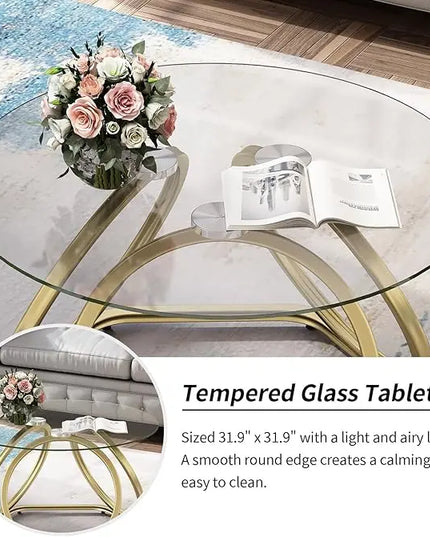 O&K FURNITURE Gold Coffee Table, Modern Glass Coffee Table Living Room Table with Hexagonal Base, Round Coffee Table for Home&Office, Gold Finish, 1 PC… - LeafyLoom