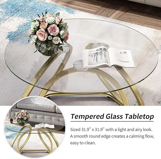 O&K FURNITURE Gold Coffee Table, Modern Glass Coffee Table Living Room Table with Hexagonal Base, Round Coffee Table for Home&Office, Gold Finish, 1 PC… - LeafyLoom