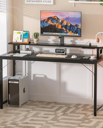 Computer Desk with USB Power Outlets and LED Lights, 47 inch Gaming desk with Monitor Stand for Small Space Home Office, Modern Simple Study Writing Table PC Desks, Black - LeafyLoom