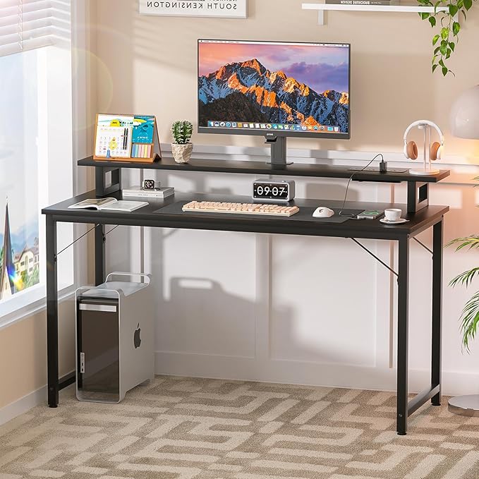 Computer Desk with USB Power Outlets and LED Lights, 47 inch Gaming desk with Monitor Stand for Small Space Home Office, Modern Simple Study Writing Table PC Desks, Black - LeafyLoom