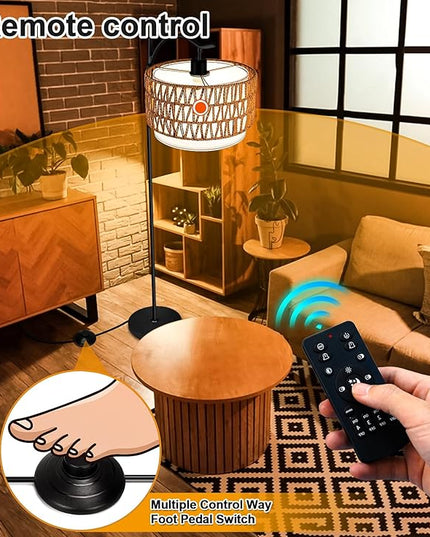 Arc Floor Lamp for Living Room with 3 Color Temperatures, Farmhouse Floor Lamps with Remote & Dimmable Bulb, Rattan Boho Standing Lamp with Fabric Shades, Adjustable Tall Lamp for Bedroom Office - LeafyLoom