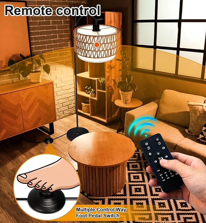 Arc Floor Lamp for Living Room with 3 Color Temperatures, Farmhouse Floor Lamps with Remote & Dimmable Bulb, Rattan Boho Standing Lamp with Fabric Shades, Adjustable Tall Lamp for Bedroom Office - LeafyLoom