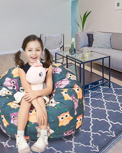 Stuffed Animal Storage Bean Bag Chair Cover, Hold Kids Plush Toys Blankets Towels Beanbag (Cover Only), Canvas Floor Circle Stuff Sit Seat Sofa with YKK Zipper, Large 32", Owl - LeafyLoom