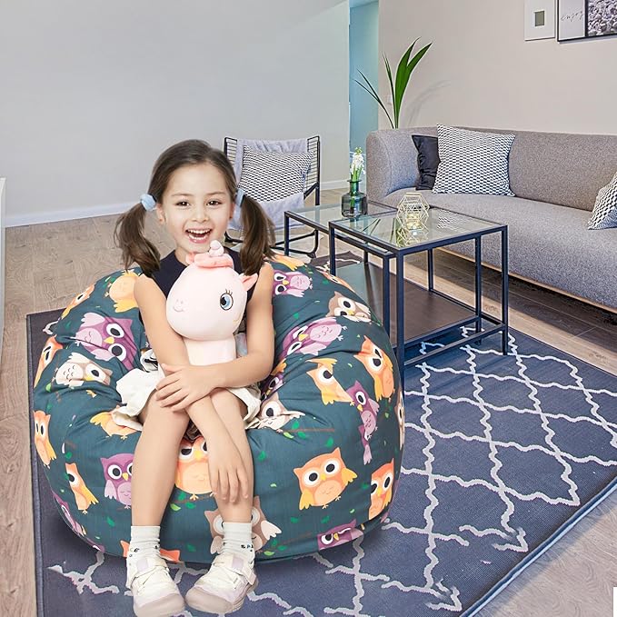 Stuffed Animal Storage Bean Bag Chair Cover, Hold Kids Plush Toys Blankets Towels Beanbag (Cover Only), Canvas Floor Circle Stuff Sit Seat Sofa with YKK Zipper, Large 32", Owl - LeafyLoom