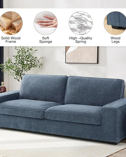 EASELAND Sofa Couch, 88" Chenille Loveseat for Living Room, 3 Seater Lounge Sofa for Bedroom with Removable Back and Seat Cushions, Modern Deep Seat Comfy Couch with Solid Wood Legs and Armrest (Blue) - LeafyLoom