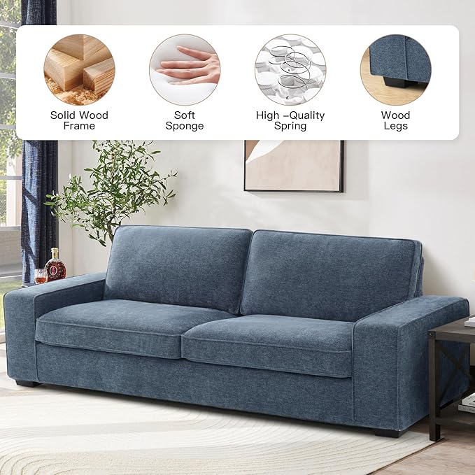 EASELAND Sofa Couch, 88" Chenille Loveseat for Living Room, 3 Seater Lounge Sofa for Bedroom with Removable Back and Seat Cushions, Modern Deep Seat Comfy Couch with Solid Wood Legs and Armrest (Blue) - LeafyLoom