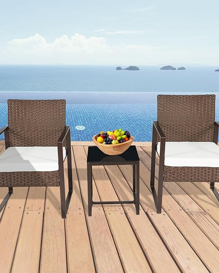 3 Pieces Patio Furniture Set Outdoor Wicker Bistro set Rattan Chair Conversation Sets with Coffee Table for Porch, Balcony,Garden,Backyard and Removable Cushions Beige - LeafyLoom