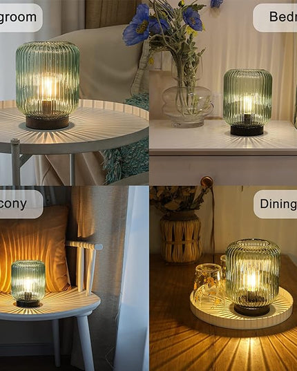 Battery Operated Lamp, Cordless Table Lamps for Home Decor, Battery Powered Nightlight with LED Bulb, Decorative Glass Beside Lamp for Bedroom Living Room-Green - LeafyLoom