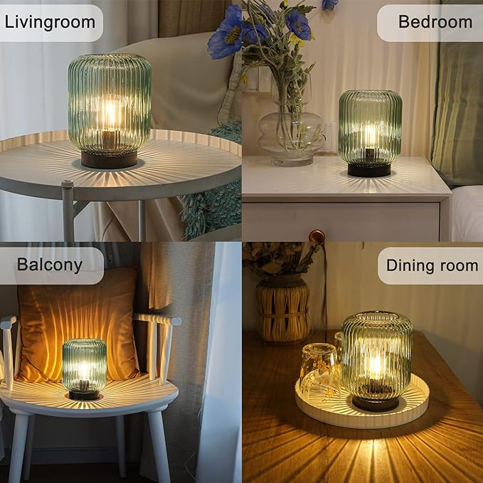 Battery Operated Lamp, Cordless Table Lamps for Home Decor, Battery Powered Nightlight with LED Bulb, Decorative Glass Beside Lamp for Bedroom Living Room-Green - LeafyLoom