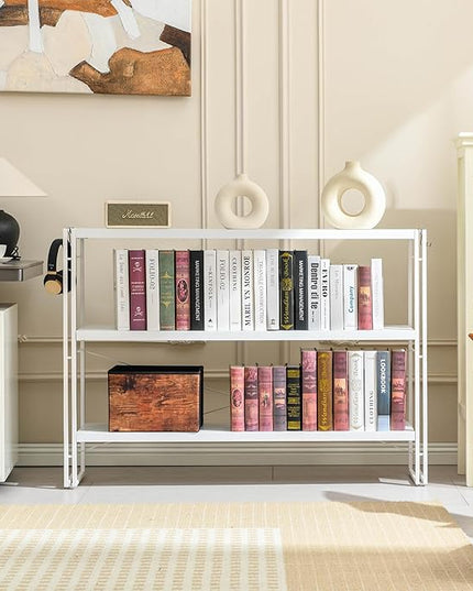 HCHQHS Bookshelf, 3-Tier Industrial Bookcase, White Open Book Shelf, Freestanding Horizontal Bookshelves with Metal Frame - LeafyLoom