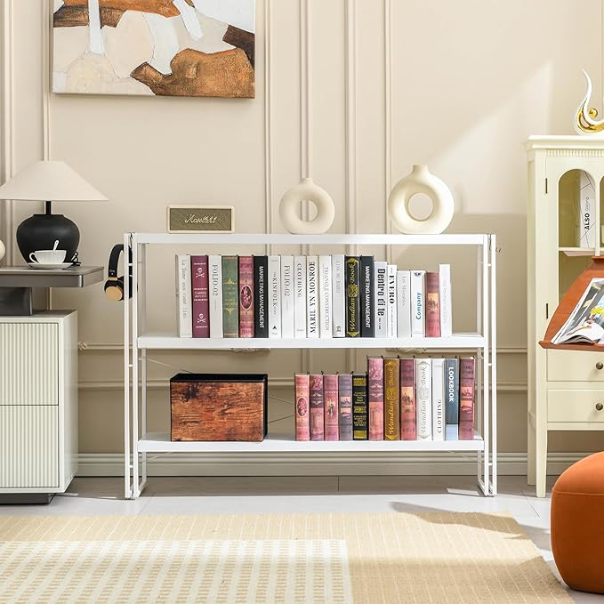 HCHQHS Bookshelf, 3-Tier Industrial Bookcase, White Open Book Shelf, Freestanding Horizontal Bookshelves with Metal Frame - LeafyLoom