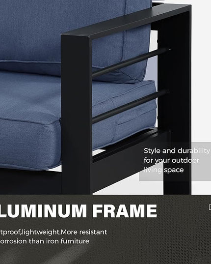Solaste Outdoor Aluminum Furniture Set - 4 Pieces Patio Sectional Chat Sofa Conversation Set with Table,Black Frame and Blue Cushion - LeafyLoom