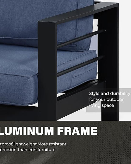 Solaste Aluminum Patio Furniture Set, 4 Pcs Modern Outdoor Conversation Set Sectional Sofa with Upgrade Cushion and Coffee Table,Black Frame and Blue Cushion - LeafyLoom