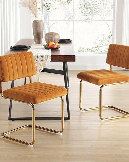 ONEVOG Orange Velvet Dining Chairs Set of 2, Upholstered Kitchen Dining Room Chair, Comfy Dinner Chair with Gold Metal Legs, Cantilevered Design Chair for Bedroom, Living Room - LeafyLoom