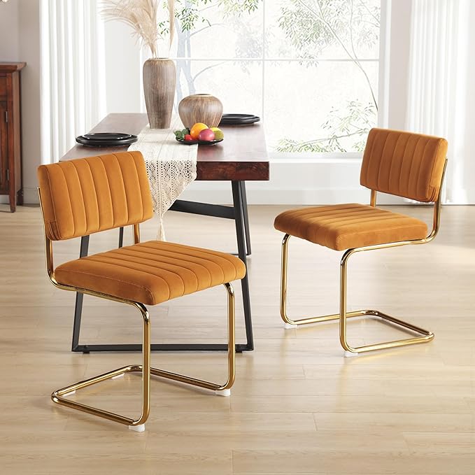 ONEVOG Orange Velvet Dining Chairs Set of 2, Upholstered Kitchen Dining Room Chair, Comfy Dinner Chair with Gold Metal Legs, Cantilevered Design Chair for Bedroom, Living Room - LeafyLoom