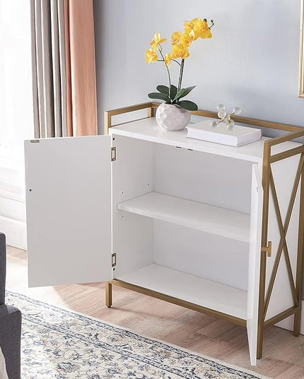Leick Home 9200-WTGL Claudette Mixed Metal and Wood Foyer Hall Cabinet, White/gold - LeafyLoom