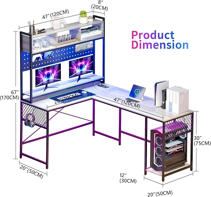 Lvifur 67” L Shaped Desk with Wireless Charging Station,24-Color RGB Dimmable Computer Desk with Pegboard,Gaming Desk with Monitor Stand, Display Stand,Human Sensor Lights for Home Office - LeafyLoom