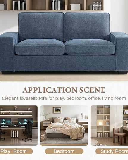 EASELAND 71" Loveseat, Small Chenille Loveseat for Small Spaces, 2-Seater Modern Deep Seat Couch with Removable Back and Cushions, Lounge Sofa for Bedroom with Wood Legs and Fluffy Armrest (Blue) - LeafyLoom