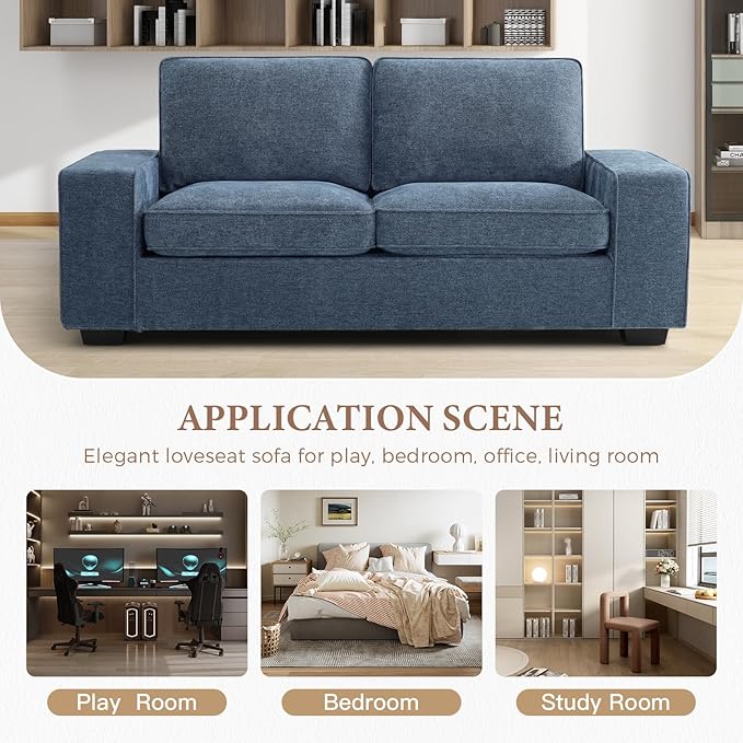 EASELAND 71" Loveseat, Small Chenille Loveseat for Small Spaces, 2-Seater Modern Deep Seat Couch with Removable Back and Cushions, Lounge Sofa for Bedroom with Wood Legs and Fluffy Armrest (Blue) - LeafyLoom