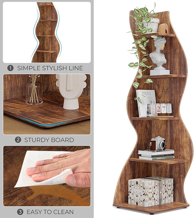 Small Corner Shelf, Modern 5-Tier Wall Corner Bookshelf, Stylish Bookcase Storage Rack for Small Space,Living Room. Bedroom - LeafyLoom