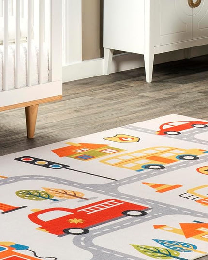 nuLOOM Carmina City Streets Machine Washable Kids Ultra Thin Area Rug, 4' x 6', White Multi - LeafyLoom