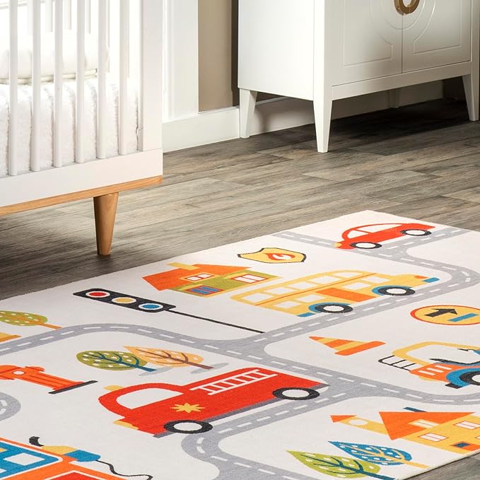 nuLOOM Carmina City Streets Machine Washable Kids Ultra Thin Area Rug, 4' x 6', White Multi - LeafyLoom