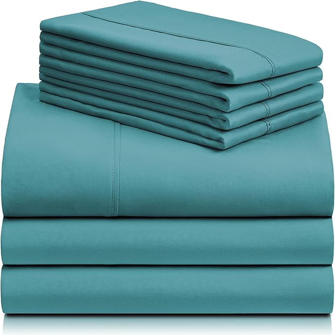 LuxClub 7 PC Split King Sheet Set, Breathable Luxury Bed Sheets, Deep Pockets 18" Eco Friendly Wrinkle Free Cooling Sheets Machine Washable Hotel Bedding Silky Soft - Teal Split King - LeafyLoom