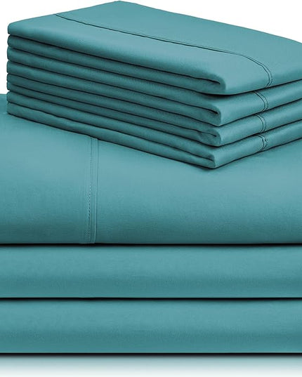 LuxClub 7 PC Split King Sheet Set, Breathable Luxury Bed Sheets, Deep Pockets 18" Eco Friendly Wrinkle Free Cooling Sheets Machine Washable Hotel Bedding Silky Soft - Light Teal Split King - LeafyLoom