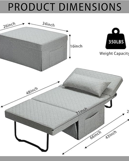 Sofa Bed, 4 in 1 Multi-Function Folding Ottoman Breathable Linen Couch Bed with Adjustable Backrest Modern Convertible Chair for Living Room Apartment Office,Squared-Linen Light Grey - LeafyLoom