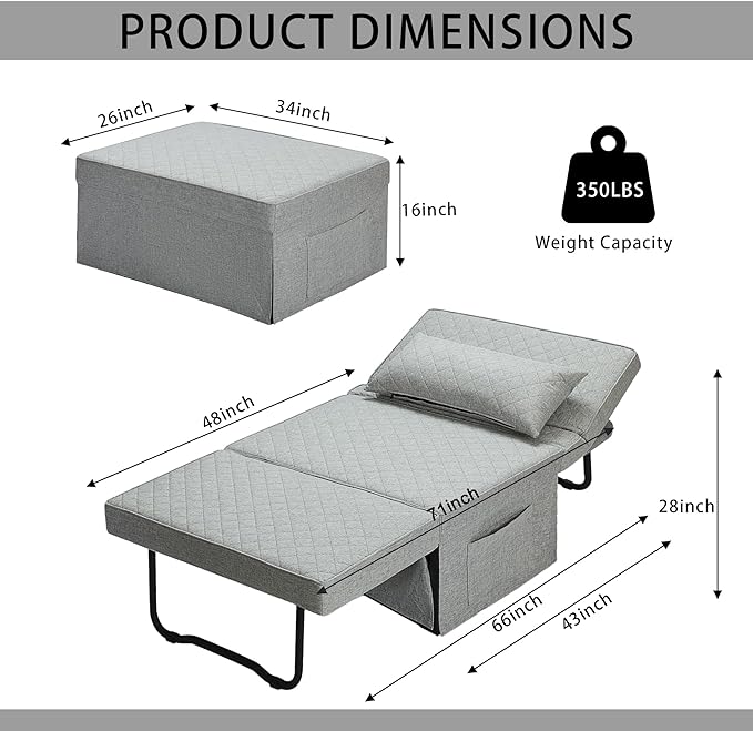 Sofa Bed, 4 in 1 Multi-Function Folding Ottoman Breathable Linen Couch Bed with Adjustable Backrest Modern Convertible Chair for Living Room Apartment Office,Squared-Linen Light Grey - LeafyLoom