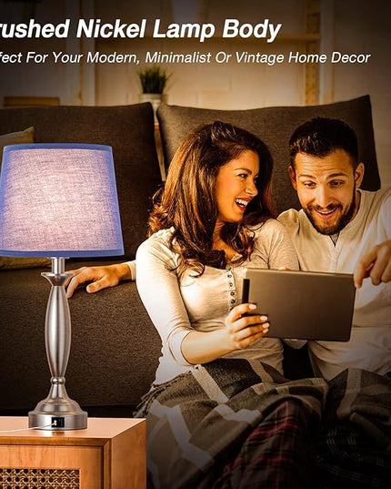 Blue Lamps for Bedrooms Set of 2 - Touch Control Bedside Lamp with USB C+A, 3 Way Dimmable Nightstand Lamps with USB Port, Table Lamp for Living Room(Blue Shade and Nickel Base) - LeafyLoom