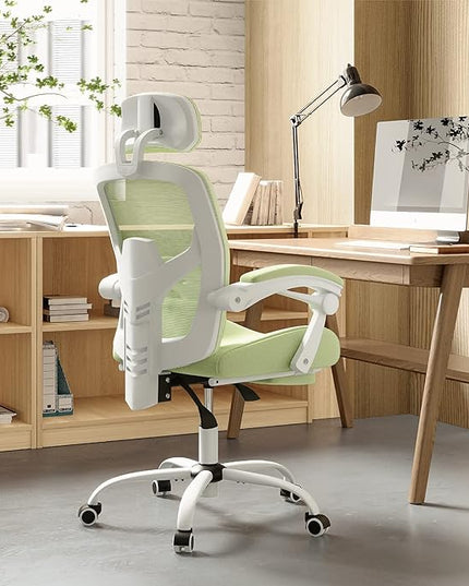 edx Ergonomic Office Chair, Reclining High Back Mesh Computer Desk Swivel Rolling Home Task Chair with Lumbar Support Pillow, Adjustable Headrest, Retractable Footrest and Padded Armrests, Green - LeafyLoom
