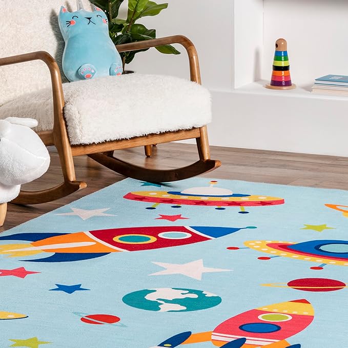 nuLOOM Eddie Outer Space Machine Washable Kids Ultra Thin Area Rug, 5' x 8', Light Blue Multi - LeafyLoom