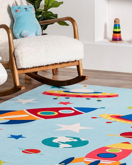 nuLOOM Eddie Outer Space Machine Washable Kids Ultra Thin Area Rug, 4' x 6', Light Blue Multi - LeafyLoom