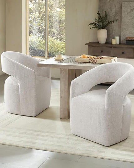 Dining Chairs with Casters Upholstered Modern Armchair with Rollers for Diningroom Bedroom Livingroom Reading Room, 32.25''H, Ivory - LeafyLoom