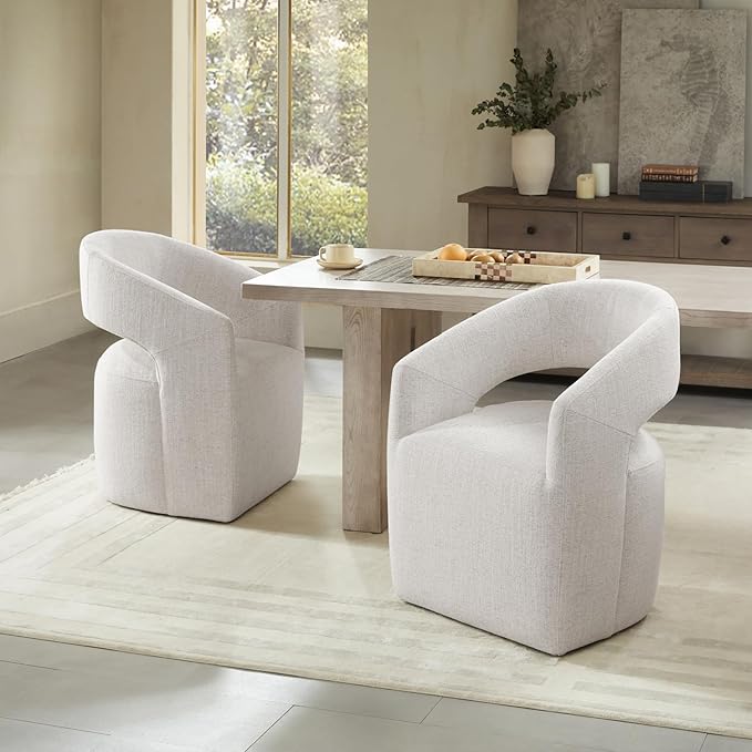 Dining Chairs with Casters Upholstered Modern Armchair with Rollers for Diningroom Bedroom Livingroom Reading Room, 32.25''H, Ivory - LeafyLoom
