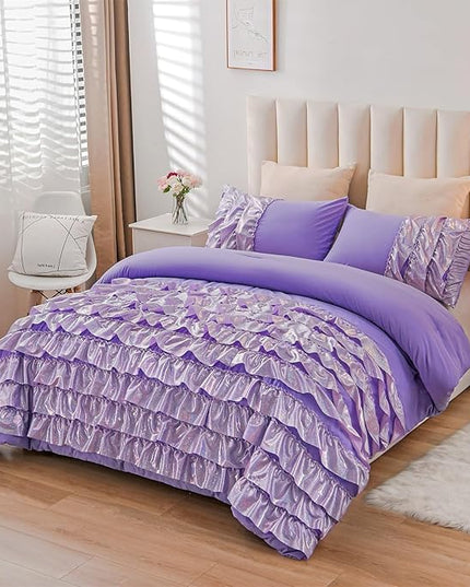 A Nice Night Waterfall Flutter Ruffle 3PCS Comforter Set,Chic Ruffled Textured Princess Bedding Set,Bling Purple,Twin - LeafyLoom