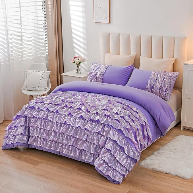 A Nice Night Waterfall Flutter Ruffle 3PCS Comforter Set,Chic Ruffled Textured Princess Bedding Set,Bling Purple,Twin - LeafyLoom