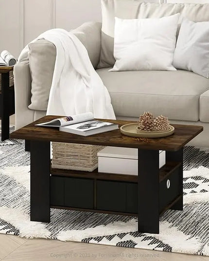 Furinno Andrey Coffee Table with Bin Drawer, Amber Pine/Black Small Non-Lift Top - LeafyLoom