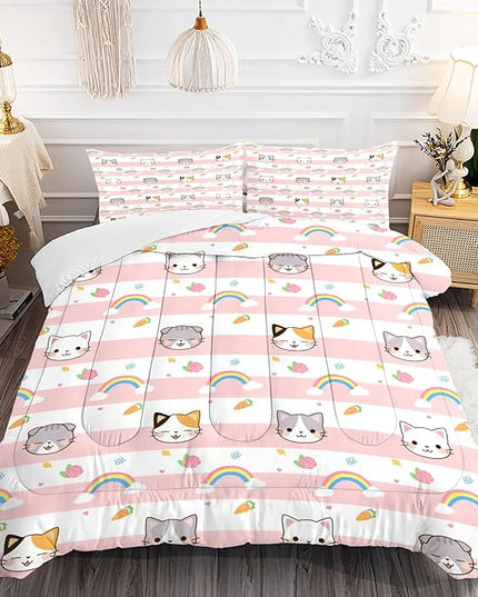 Cat Bedding Twin Size Pink Plaid Rainbow Comforter Set for Girls Kids Children Cloud Cute Kawaii Boho Bedroom Dorm Quilt 1 Comforter + 1 Pillow Case - LeafyLoom