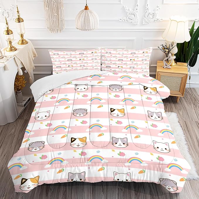 Cat Bedding Twin Size Pink Plaid Rainbow Comforter Set for Girls Kids Children Cloud Cute Kawaii Boho Bedroom Dorm Quilt 1 Comforter + 1 Pillow Case - LeafyLoom