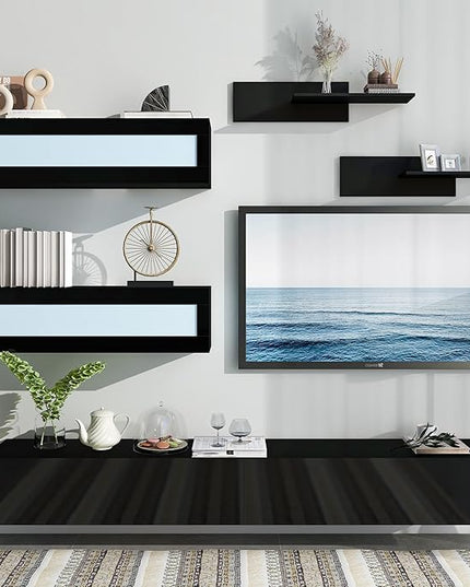 NicBex Wall Mount Floating TV Stand for 95+ Inch TV LED Entertainment Center Media Storage Console Table with 4 Media Storage Cabinets and 2 Shelves for Living Room,Bedroom, 95 Inch,Black - LeafyLoom