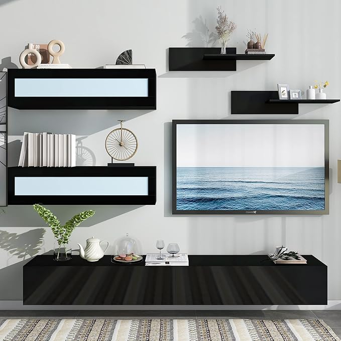 NicBex Wall Mount Floating TV Stand for 95+ Inch TV LED Entertainment Center Media Storage Console Table with 4 Media Storage Cabinets and 2 Shelves for Living Room,Bedroom, 95 Inch,Black - LeafyLoom