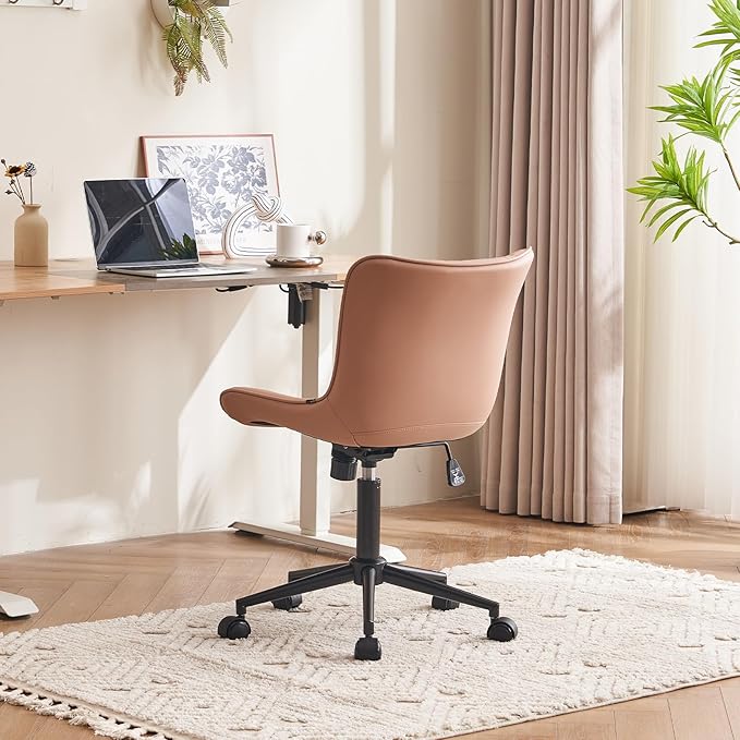 YOUTASTE Office Chair Pink Armless Desk Chair with Wheels, Modern Faux Leather Padded Computer Task Chair, Adjustable Swivel Rolling Sewing Vanity Chair with Ergonomic Rocking Back, Nude Pink - LeafyLoom