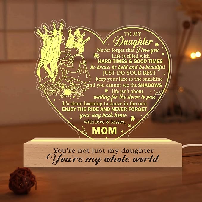 Daughter Gift from Mom, to My Daughter 3D Illusion Lamp with Wooden Base USB Powered, Birthday Gifts for Daughter from Mothers, Daughter Night Light Gifts for Wedding Graduation Christmas - LeafyLoom