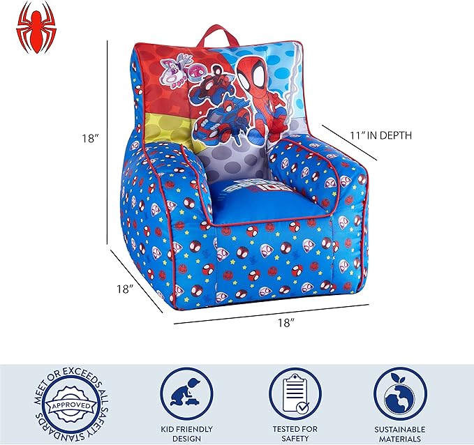 Idea Nuova Marvel Spidey & His Amazing Friends Toddler Nylon Bean Bag Chair with Piping & Top Carry Handle, NN201537, Large, Spidey & Friends - LeafyLoom