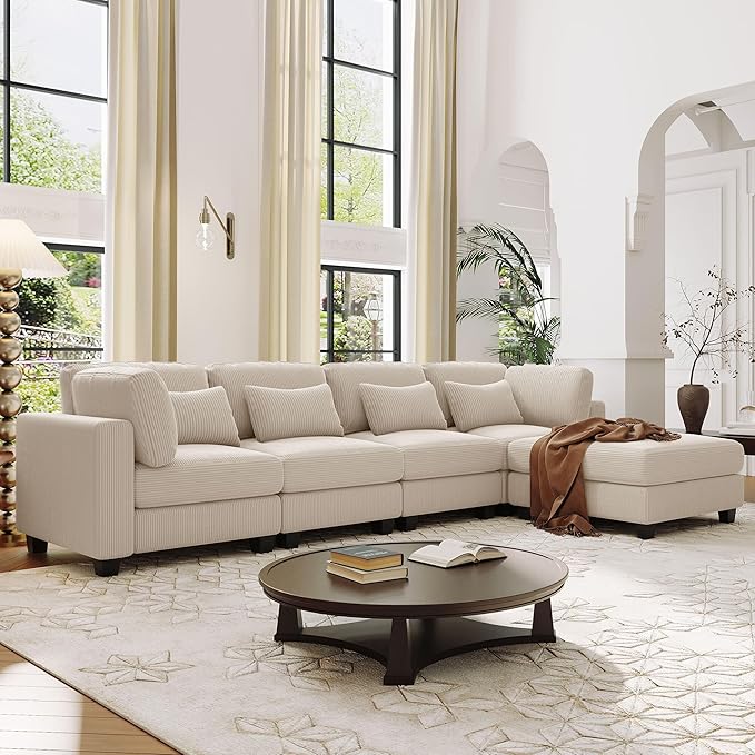 99.6" 5 Pieces L-Shaped Modular Sectional Sofa with Removable Ottomans and Waist Pillows, Modern Corduroy Fabric Upholstered Couch for Living Room, Apartment, Studio, Beige, 99.6 Inch - LeafyLoom